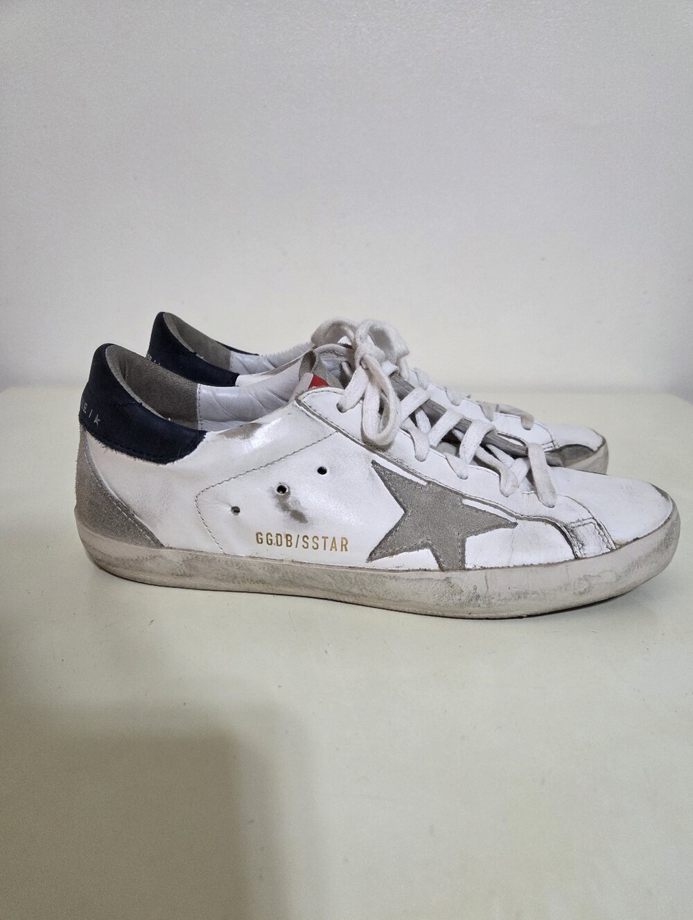 Golden Goose Super Star White Leather Sneakers with Gray Star and Navy Heel